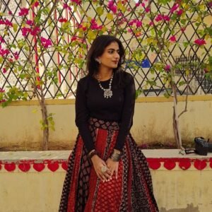 Boho Black Top & Ajrakh Print Flared Skirt Set