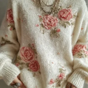 Women's Vintage Rose Embroidery Art Knit Pullover Sweater