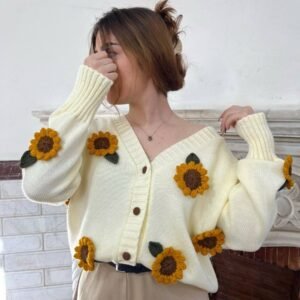Women's Vintage Sunflower Embroidery Art Knit Pullover Sweater